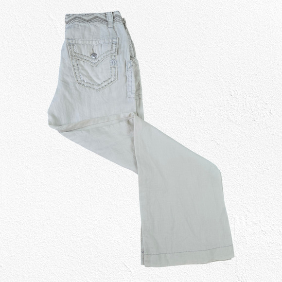 Miss Me Beige Linen Blend Wide Leg Cargo Boho Pants Size Large Y2K 2010s Style - Picture 9 of 14